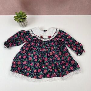 Peaches 'N Cream Floral Navy Blue Pink Green Vintage Lace Dress Child Baby 24M